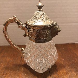 Vintage Silver Plated Lion's Head & Grapevine Pressed Diamond Glass Creamer